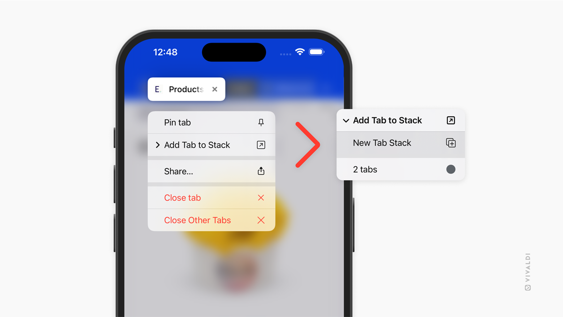 Tab's context menu in Vivaldi on iOS with the option to create a new Tab Stack highlighted.