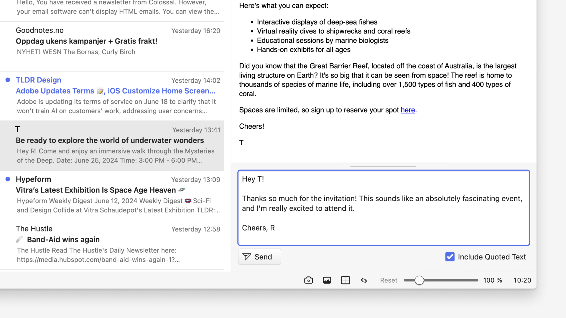 Quick Reply field with a drafted message in Vivaldi Mail.