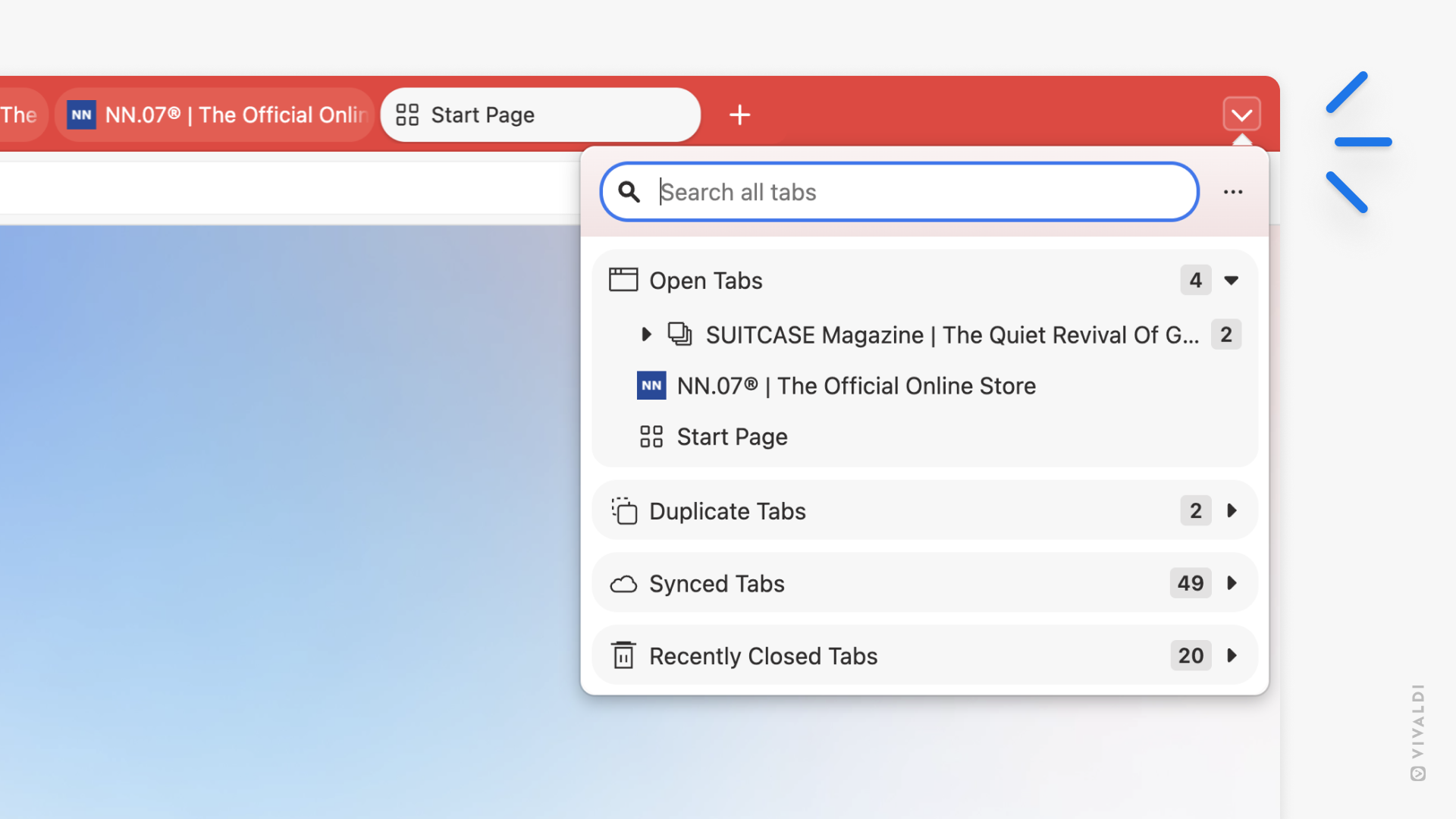 Corner of the Vivaldi browser window with the Tab Button popup open.