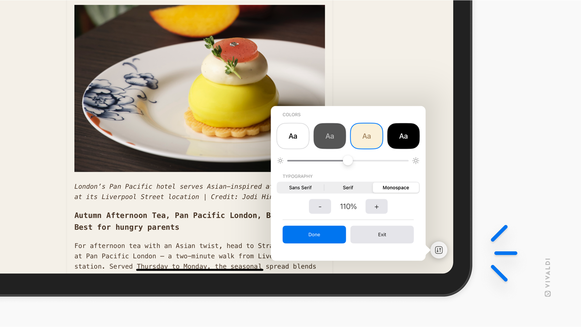 Vivaldi on an iPad with Reader View enabled and its settings open. The Settings button in the bottom right corner is highlighted.