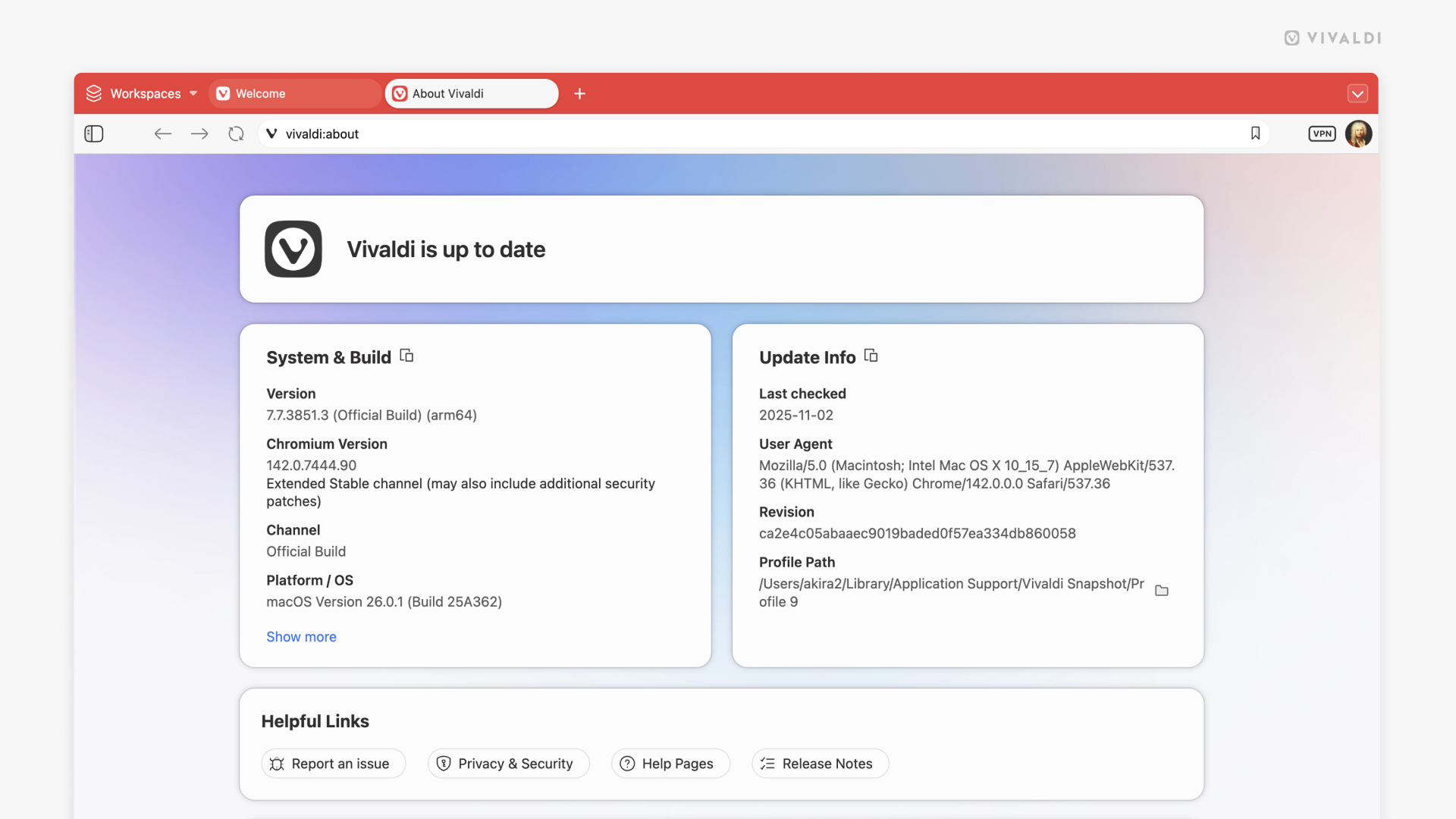 About Page in the Vivaldi browser.