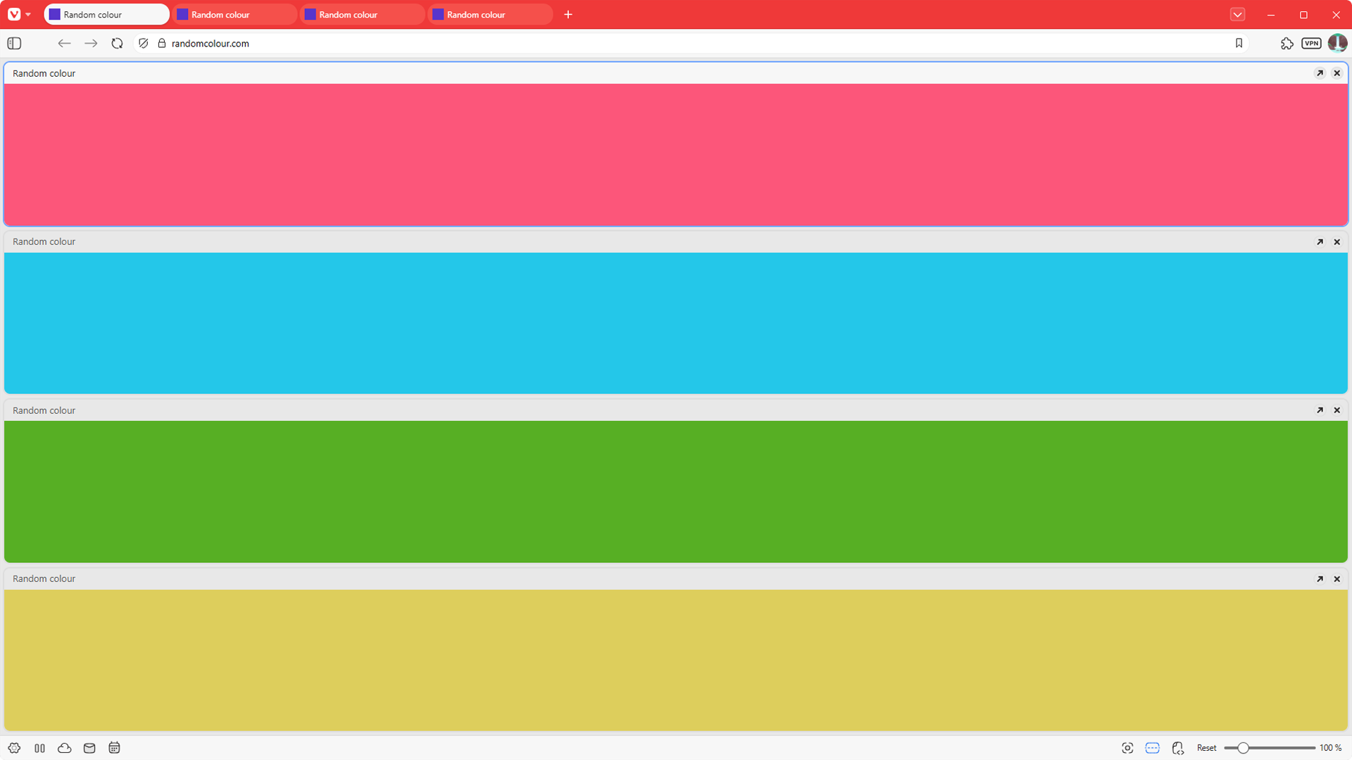 Vivaldi browser window with 4 horizontally tiled tabs.