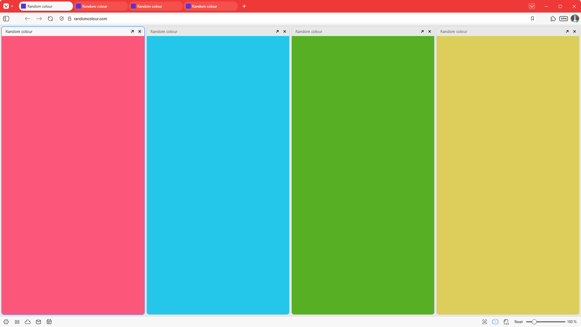 Vivaldi browser window with 4 vertically tiled tabs.