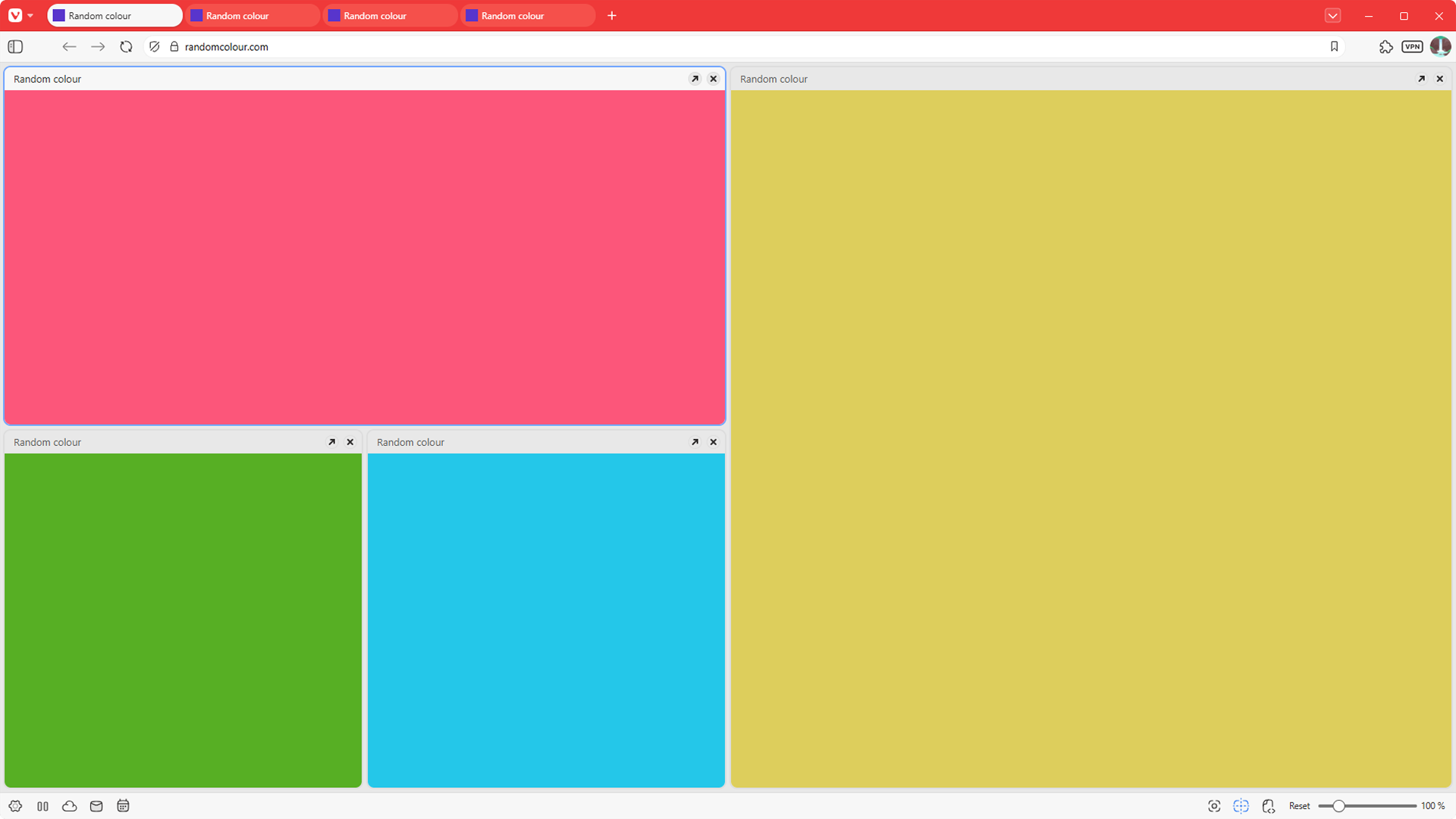 Vivaldi browser window with 4 tiled tabs in a custom layout.