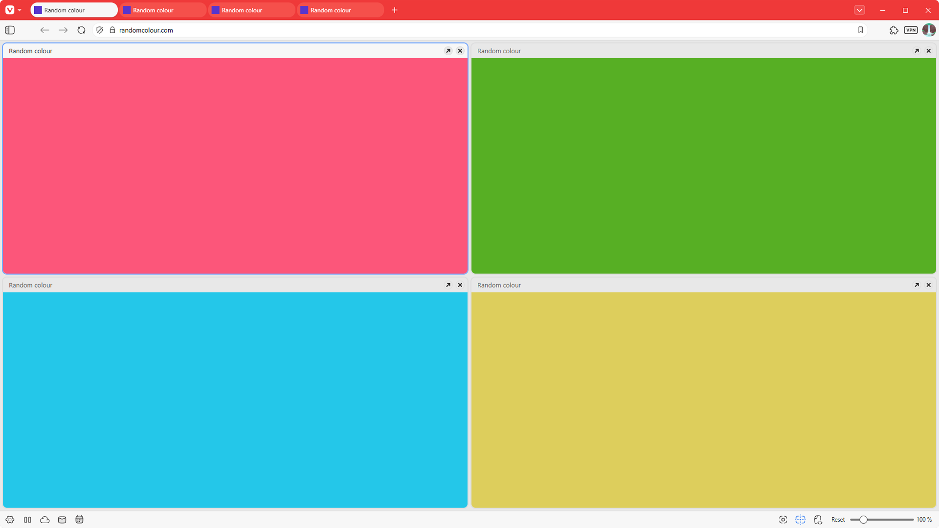 Vivaldi browser window with 4 tabs tiled in a grid view.