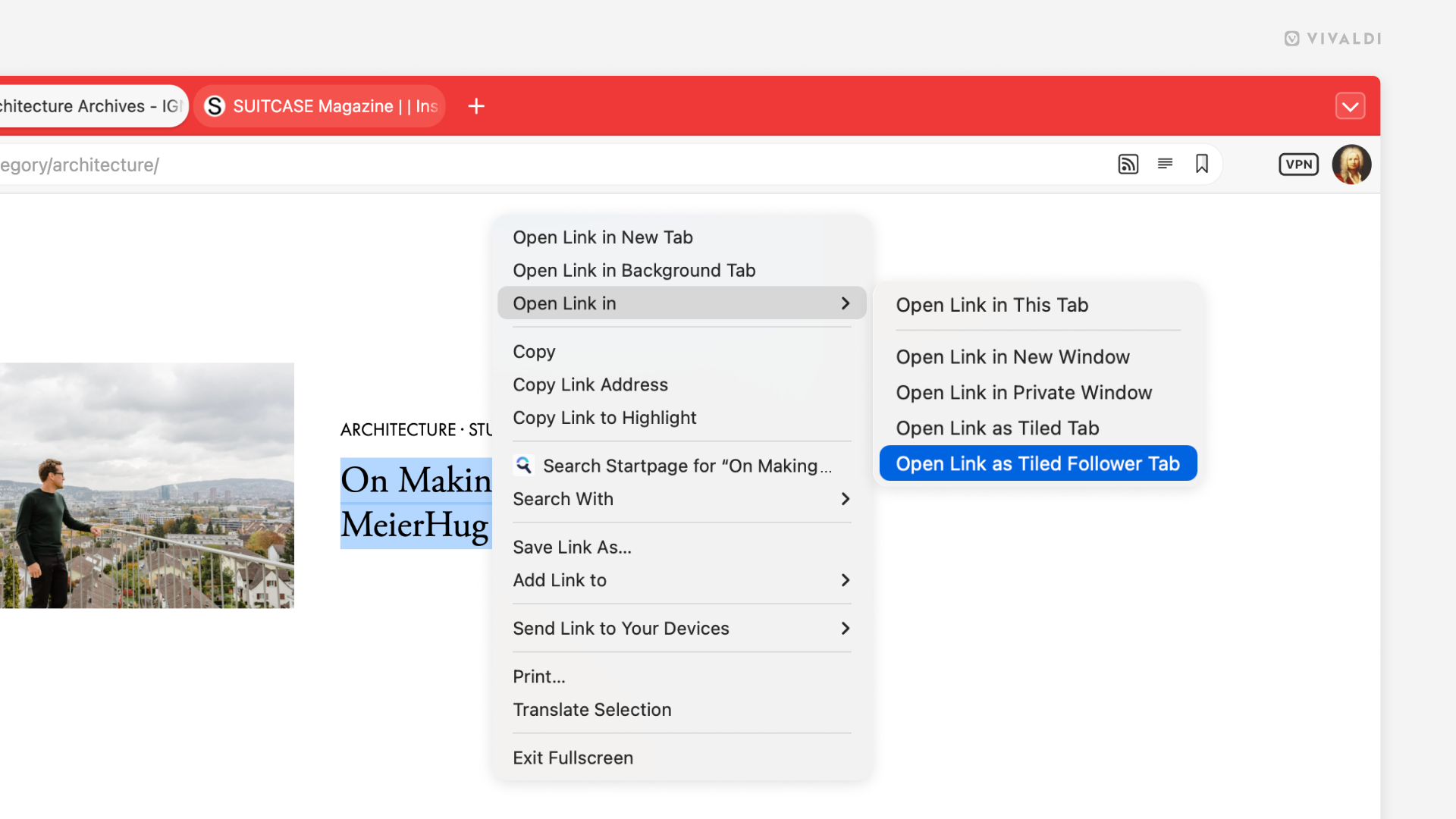 Link's context menu open in the Vivaldi browser. The menu option "Open Link as Tiled Follower Tab" is highlighted.