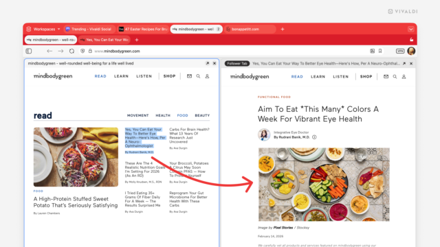 Two tabs tiled in a Vivaldi browser window. An arrow indicates how the tab on the right has been opened as a follower tab from the one on the left.