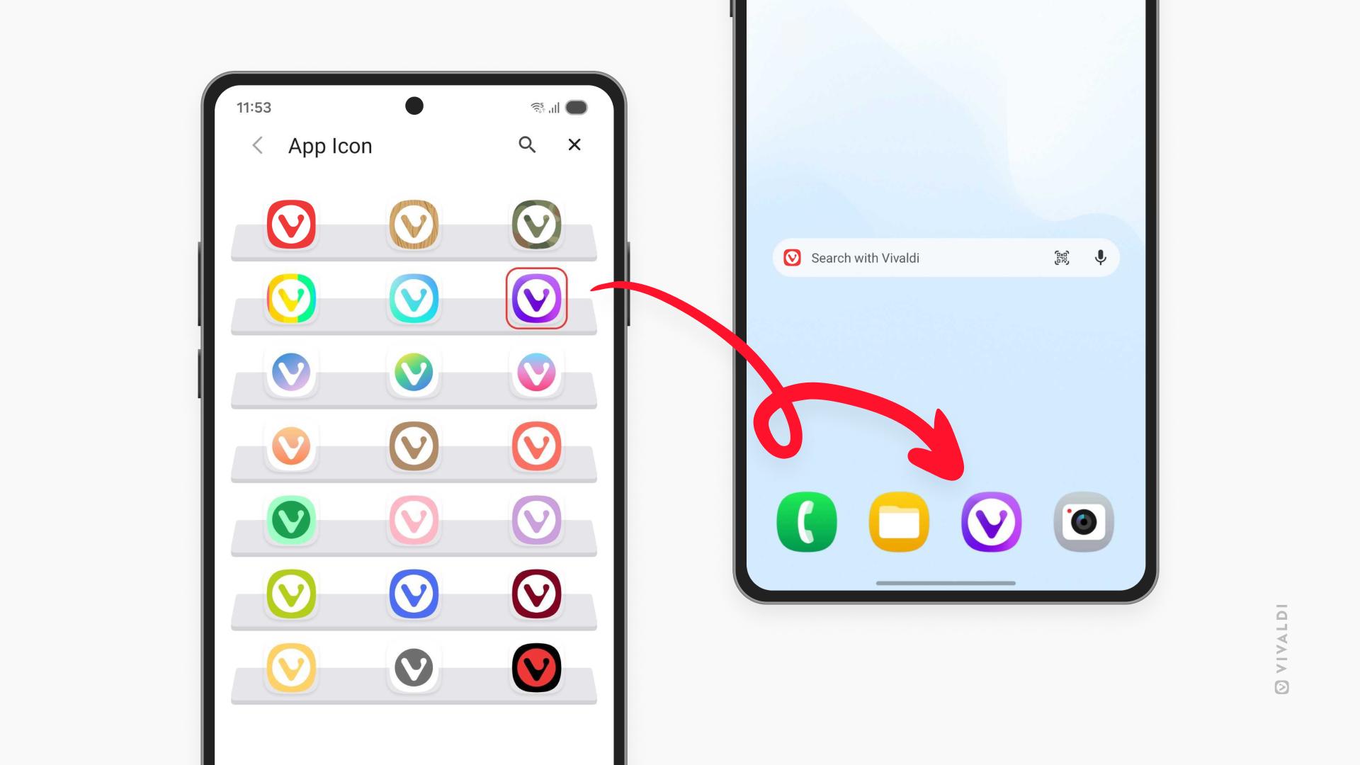 Two Android phones. One showing App Icons settings page in Vivaldi. The other showing how a custom icon looks on the phone's Home screen.