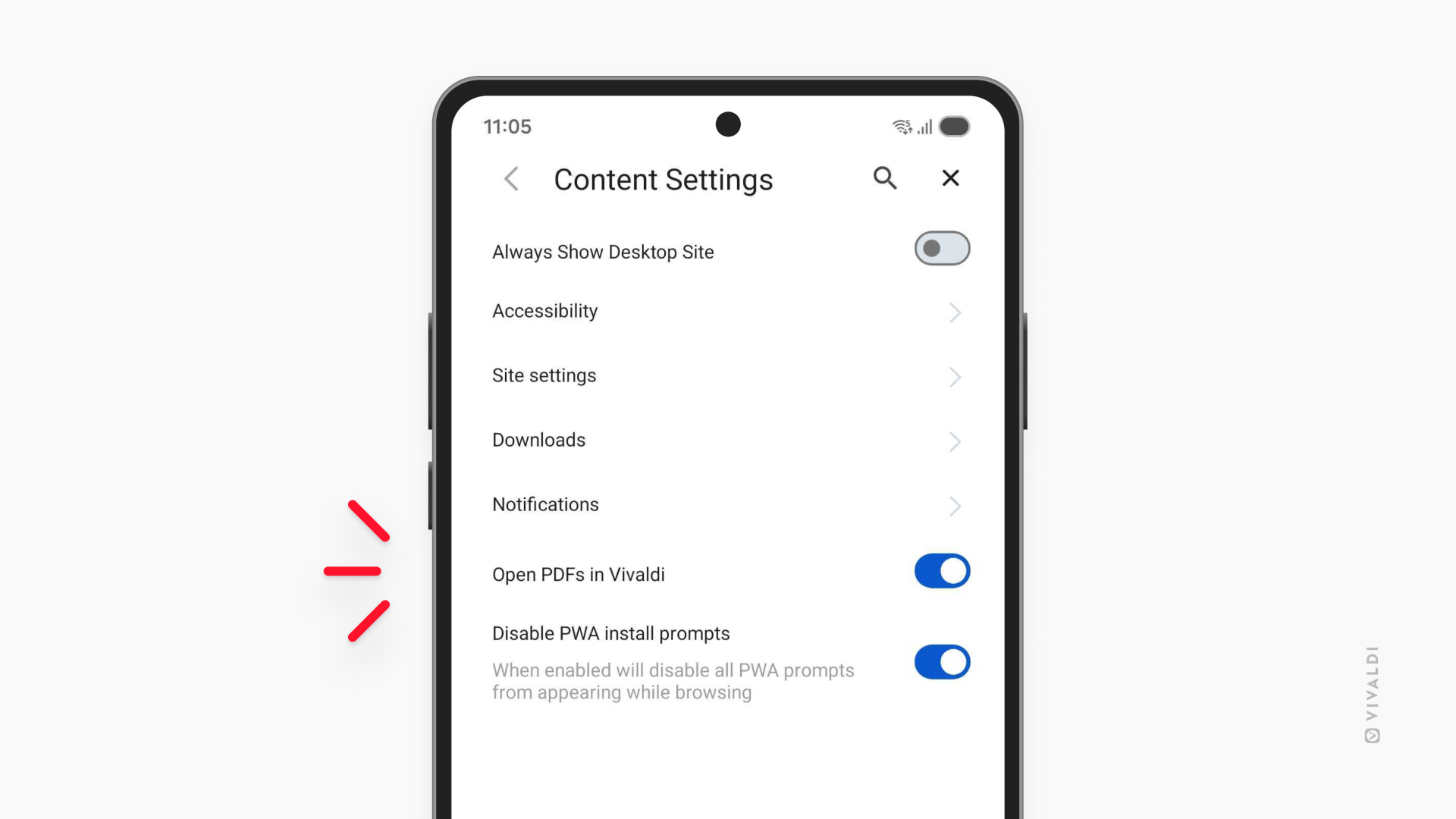 Content Settings in Vivaldi on Android. An arrow points at the PDF setting.