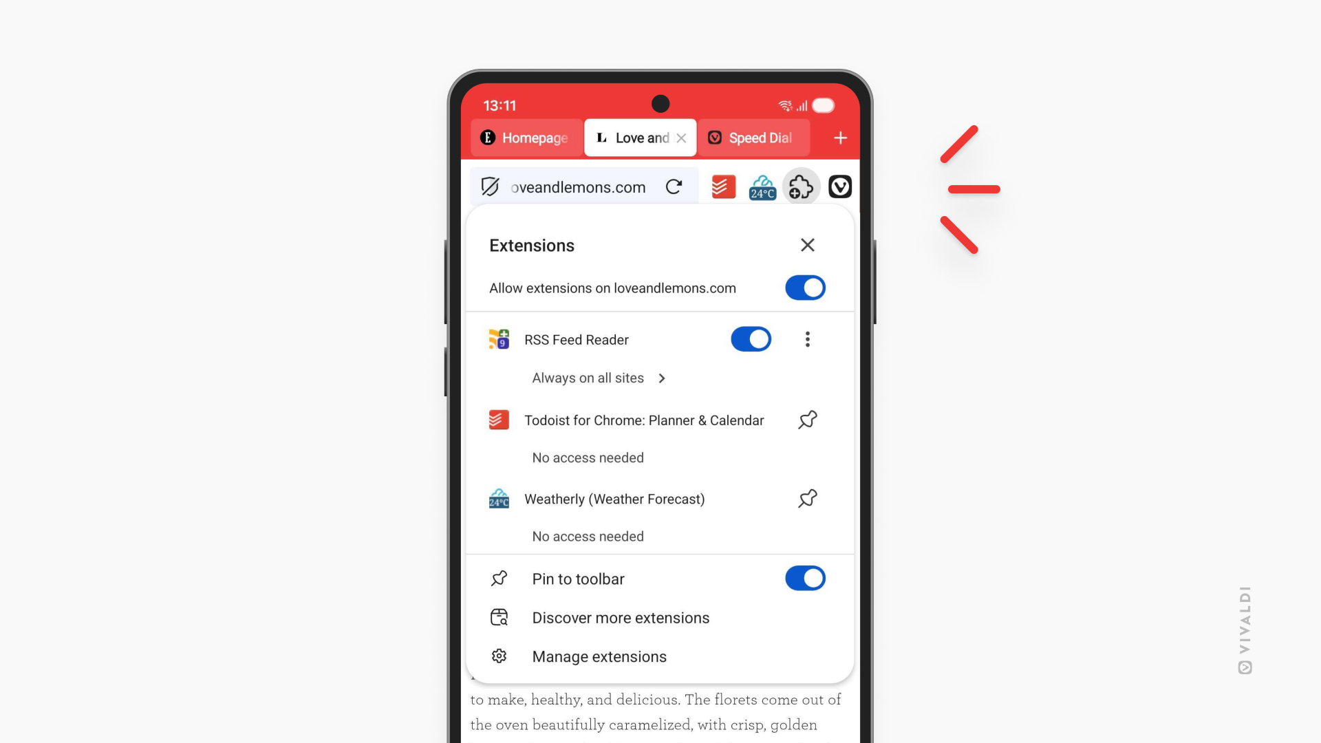 Vivaldi on Android with the Extensions menu open.
