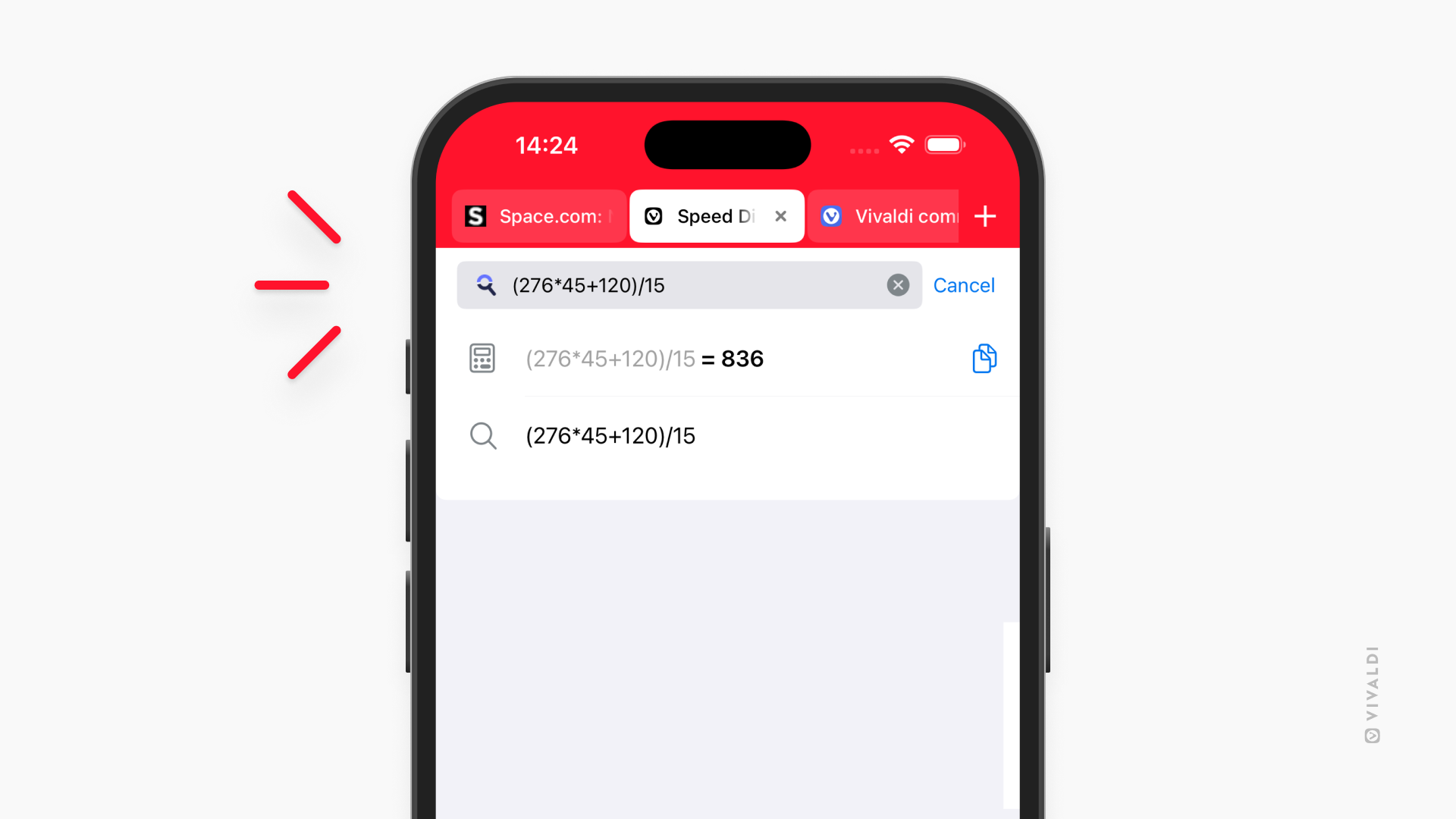 Calculation being done in Vivaldi on iOS' Address Field.